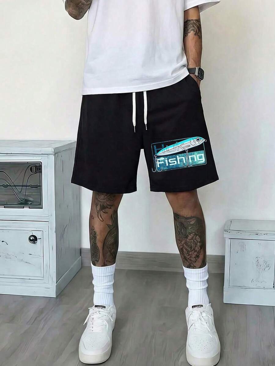 HUK Fishing Luya Decoy Pattern Printed Drawstring Shorts Outdoor Fishing Wind Loose Sports Men's Cropped Trousers, Suitable For Sports And Leisure Use, Spring And Summer T-Shirts, Suitable For Display, Suitable For Walking And Parties, Holiday Gifts. - 黑色 - 查看 1