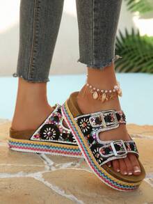 2026 Spring/Summer New Women's Sandals, Double Strap With Rhinestones, Fashionable Thick Sole Slippers, Random Floral Patterns, Essential For Vacation & Beach, Suitable For All-Day Wear - Black - View 6
