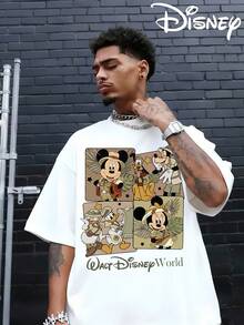 Disney Authorized Mickey Mouse Cartoon Pattern And Mickey Letter Print, Men's Black Pure Cotton Short Sleeved T-Shirt, Breathable White Short Sleeved T-Shirt, Suitable For Summer Wear, Neutral, Regular Round Neck Casual Style, Washable, Comfortable And Loose. - 白色 - 查看 1