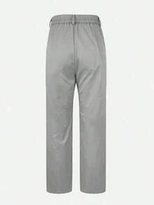 Pantalones rectos de tela de traje con bolsillo con cremallera de unicolor Jessfin, sin cintura, elegantes para la oficina, casuales y versátiles, para primavera/verano - Gris - Ver 6