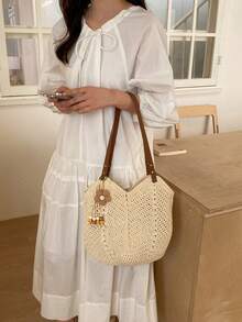 Sac en crochet ajouré ivoire/kaki, sangle en PU + décoration de perles en bois floral, sac à bandoulière décontracté pour les vacances à la plage & les trajets, sac sous le bras en maille fait main, sac fourre-tout de style bohème, sac de shopping d'été pour la plage - Multicolore - Voir 8