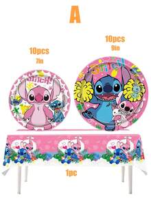 Bộ đồ dùng tiệc chủ đề Lilo & Stitch màu hồng đậm, bao gồm đĩa, cốc, khăn ăn, khăn trải bàn, quà tặng nhỏ, đồ trang trí tiệc và bộ đồ ăn dã ngoại/cắm trại. - Nhiều màu - Xem 3