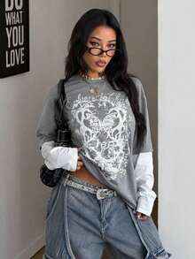 TopstopsCoolane Women's & Men's Spring/Summer Couple Same Style Streetwear Goth Grunge Punk Casual Vintage  Cotton Graphics Comfortable Round Neck Patchwork Brown And Beige Oversized Long Sleeve  T-ShirtLoose And Comfortablesummer Topssummer Tops - 灰色 - 查看 12