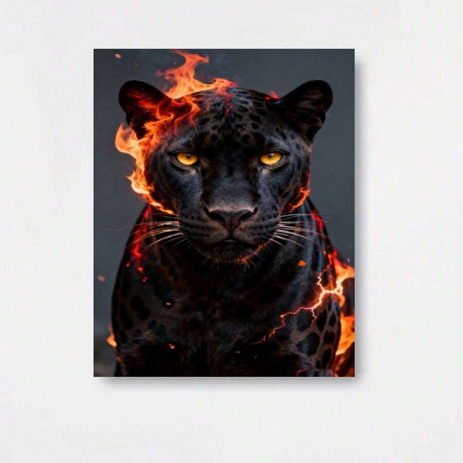 1 Póster de Pantera Negra en Llamas - Marco de Madera Sólida, Impresión Moderna Retro de Pantera, Lienzo Envoltorio Adecuado para Sala, Dormitorio, Decoración de Casa de Campo - Listo para Colgar, Regalo para Fiestas (Navidad, Día de la Madre), 2D Plano - Enmarcado - Ver 1