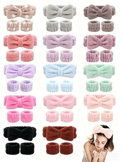 3 pièces Set Bandeau et Bracelet, 1 Bandeau et 2 Bracelets, Convient pour le Lavage du Visage, le Nettoyage du Visage, le Maquillage, le Démaquillage, les Voyages, Convient à Tous les Types de Peau