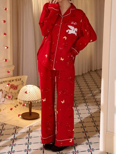 Gongdie 女士红色长袖纯棉睡衣套装（2件套），吸湿透气，适合春秋季穿着。