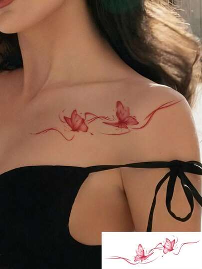 1 miếng dán hình xăm bướm màu đỏ gradient chất lượng cao, có thể giặt được, chống thấm nước, bền lâu, kiểu dáng Ins, dùng để trang trí xương quai xanh/cổ, có thể giữ được 2-3 ngày.