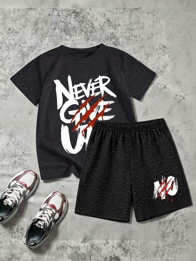 2-Piece Set: Crew Neck Short-Sleeve T-Shirt With Simple English Print + A Pair Of Simple Casual Shorts, New Summer Comfortable Set