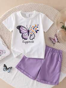 Set di maglietta a maniche corte e pantaloncini con stampa di farfalle e fiori "Happy" per ragazze di 4-8 anni, outfit casual estivo per il tempo libero - Viola malva - Visualizzare 7