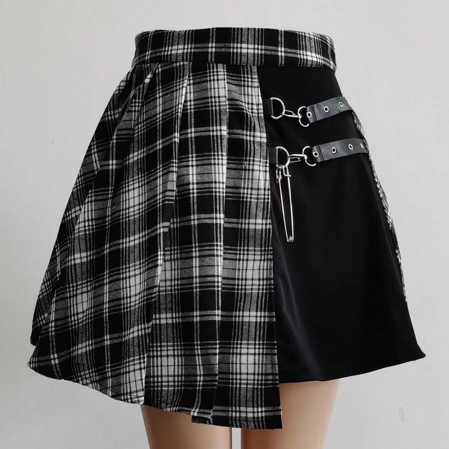 Falda plisada gótica dulce para mujer, Mini falda elegante a cuadros a la moda de cintura alta, Falda plisada informal Kawaii de verano para mujer - 92132-2HBG - Ver 1