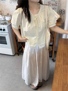 Women Tops - Yellow Lace-up Tie Shirt - View 4