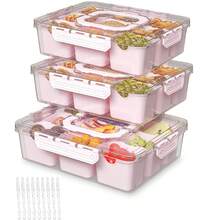 2 Pack Or 3 Pack Divided Serving Tray With Lid And Handles, 8 Or 9 Compartments Snack Box Container Charcuterie Organizer Snackle Box Container For Candy,Nuts,Fruits,Snacks, Pink Or Beige - View 2
