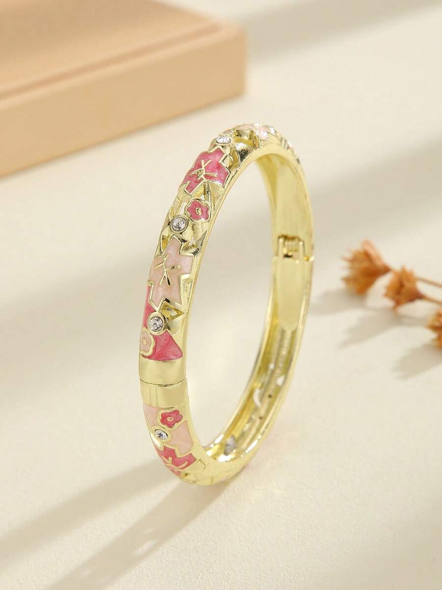 1pc Fashion New Style Gold Plated Exquisite Rhinestone Flower Pattern Enamel Cloisonne Bracelet Bangle Jewelry Gift For Girls Women, Pink - Pink - View 1