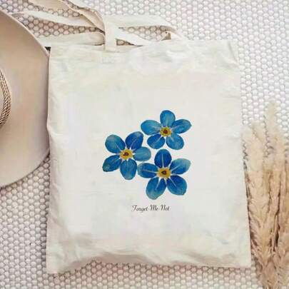 1 pieza Bolso de lona con estampado minimalista azul de la flor del nomeolvides, bolso de hombro con estampado floral acuarela vintage, adecuado para amantes de la naturaleza y el estilo estético para uso diario