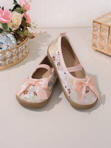 1 par de zapatos estilo chino Mary Jane nuevos, zapatos de cuero con punta redonda y slip-on, bordados florales retro, tacón plano, adecuados para atuendos, rosa suave con lazo, apropiados para actuaciones, niñas de las flores, festivales - Rosa Pálido - Ver 8
