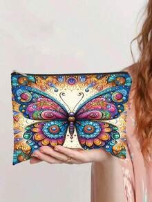 波西米亚曼陀罗蝴蝶印花化妆包，充满活力的民间艺术主题便携式拉链收纳袋 - 彩色 - 查看 7