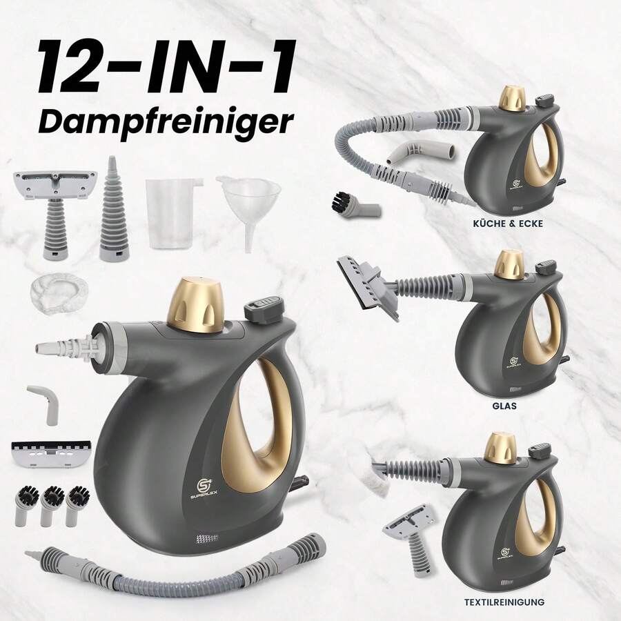 SUPERLEX Handheld Steam Cleaner, Power 1050W, Fast Heating, Equipped With 9 Accessories, With Lock And Protective Cover, Portable Steam Cleaner, Suitable For Carpets, Cars, Floors, Windows And Sofas - EU F Type Plug(220-240V) - View 1