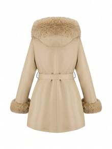 Giolshon Women's PU Jacket With Faux Fur And Belt - Perfect For Autumn/Winter, Stylish And Suitable For Daily Commute Or Work After Fastening The Belt - Khaki - View 8