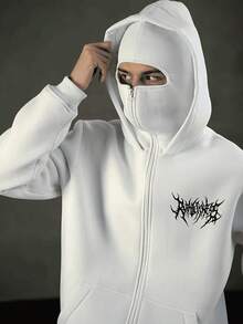 Balaklava, A Must-Have Item For Social Anxiety Sufferers. A Face-Covering Style, Loose Large-Sized And Long Double-Layered Hooded Zipper-Style Pullover Hoodie And Hooded Sweater. Suitable For Men's Autumn/Winter Clothing, Halloween Costumes, Christmas Costumes, Men's Outerwear, Fashionable Style, Men's Hooded Sweater. - 白色 - 查看 4