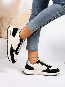 New Round Toe Lace-Up Color Block Versatile Fashion All-Match City Outdoor Casual Sports Shoes For Women - Black and White - View 6