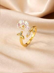 Anillo de flor y hoja con circonita cúbica y resina blanca, anillo ajustable abierto chapado en oro de 18k, joyería de moda para uso diario, boda, fiesta, regalo de vacaciones - 1 - Ver 1