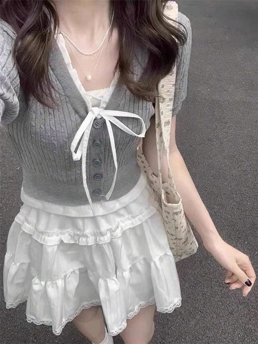 独特设计V领系带短袖针织上衣，甜美优雅，女士夏季新品 - 灰色 - 查看 1
