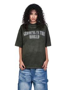 MT99 Heavyweight Versatile Suede Embroidered Short Sleeve Street Casual Chic - Dark Green - View 2