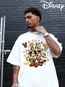 Disney Authorized Mickey Mouse And Disney Animal Kingdom Cartoon Patterns And Disney Animal Kingdom Letter Prints, Men's Black Pure Cotton Short Sleeved T-Shirt, Breathable White Short Sleeved T-Shirt, Suitable For Summer Wear, Neutral, Regular Round Neck Casual Style, Washable, Comfortable And Loose. - trắng - Xem 1