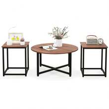3 Piece Coffee Table Set With Metal Frame For Living Room Bedroom Office - Walnut + Black - View 2