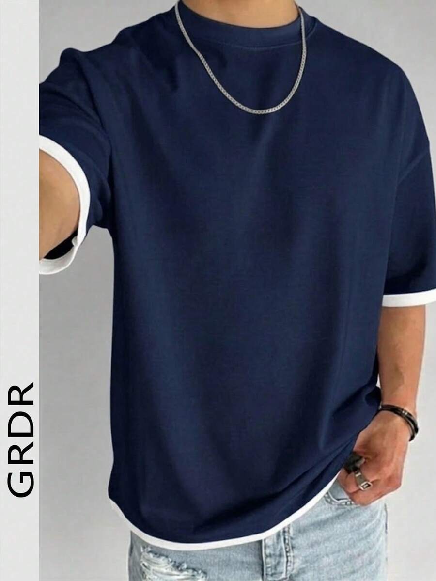 GRDR Men's Classic 2 In 1 Round Neck Short Sleeve T-Shirt, Fashionable Minimalist Commuting Versatile - Navy Blue - View 1