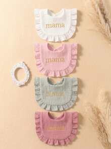 4pcs Girls' Summer Candy Color Pure Cotton Embroidered Bibs, Soft & Skin-Friendly Ruched Baby Drool Cloths, Mother's Day Gift, Suitable For Daily Use - Multicolor - View 3