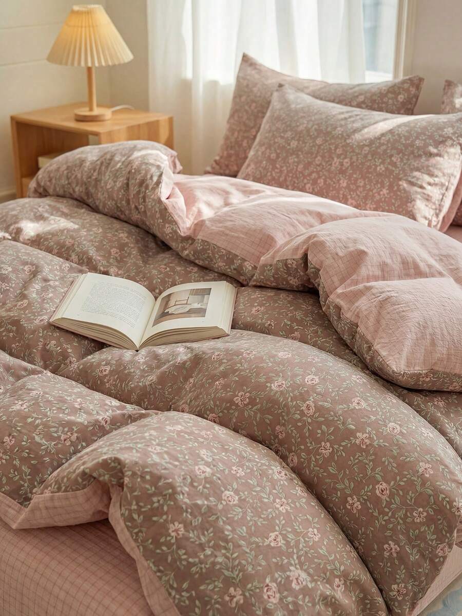 Juego de ropa de cama de 3 piezas de 100% poliéster de la serie floral de primavera 2026 con bloqueo de color AB, incluye 2 fundas de almohada con moño + 1 edredón, apto para todas las estaciones - Multicolor - Ver 1