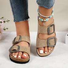 lunryet Cork Footbed Sandals For Women – Comfortable Double Buckle Slip-On With Genuine Suede Footbed & Arch Support Slides For Women Footwear - MÀU NÂU ĐỎ - Xem 7