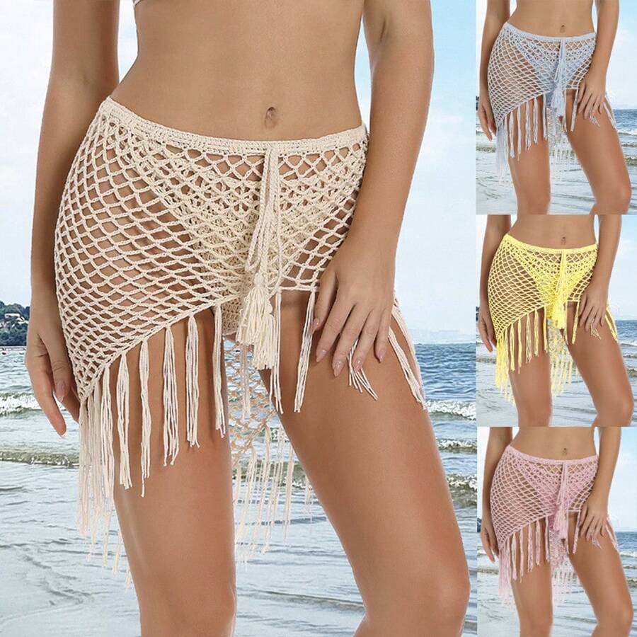 Handmade Crochet Beach Skirt Bikini With Tassels And Fishtail Design - Beige - View 1