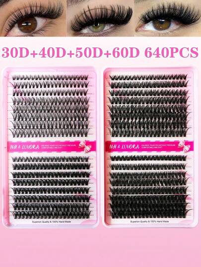 640/60PCS Of D-Type Curled Single False Eyelash Clusters, Large Capacity, 10D+20D+30D+40D+50D+60D+80D+100D, 9-16mm, DIY False Eyelash Clusters, Natural Makeup Effect, Dense And Long, Ultra-Soft, Ultra-Light, Reusable, Single-Segment False Eyelashes, Eyelash Grafting Kit, Includes Makeup Tools And 2 Eyelash Brushes, Suitable For Beginners To Use At Home Or On The Go, Applicable For Daily Life, Weddings, Parties, Music Festivals, Mother's Day, Christmas, And Other Occasions