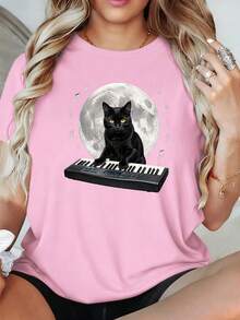 Black Cat Playing Keyboard Under Moon 180g Milk Silk Double Grinding Women's T-Shirt,Comfortable,Suitable,Casual Versatile Tops, Street Wear, Daily Outfits, Free Shipping - 粉色 - 查看 2