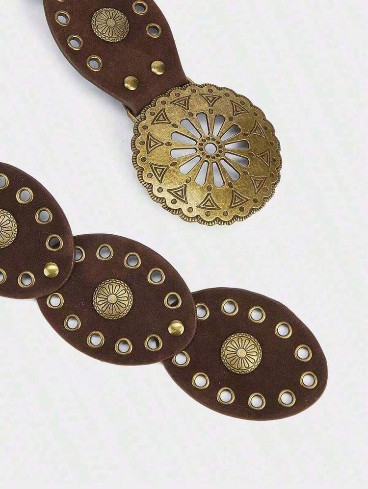 1pc Western Cowgirl Boho Style Women's Belt, Boho Belt, Western Belt, Gothic Velvet Patchwork Belt, Women's Fashion Accessory, Autumn/Winter Coffee & Antique Bronze Floral Oval Belt, Dress Accessory, Party, Beach, Music Festival, Y2K Style Belt, Valentine's Day - Đen 4 - Xem 2