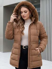 Women's Plus Size Lined Bobojaco Jacket With Hood And Faux Fur Lining, Long Sleeves, Winter - Rỉ Nâu - Xem 4