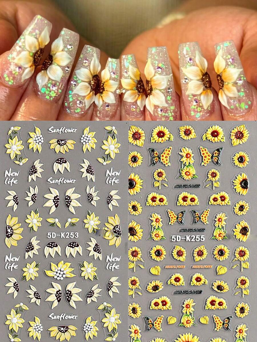 Sunflower, Hardworking Bee, Art Stickers, Self-Adhesive Single-Use, Suitable For Women And Girls Decoration, Applicable For Spring, Summer, Autumn Nail Art Supplies - Multicolor - View 1