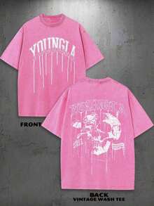 1PC Y2K Vintage Washed Men's T-Shirt Cotton 230Gsm Thickened Unisex Graphic Tee YLA Dripping Skull Design Gifts For Men Boyfriend Comfortable Value Pack - 粉紅 - 查看 1