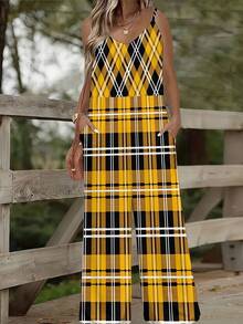 Women's V Neck Spaghetti Strap One Piece Jumpsuit Yellow Black White Plaid Pattern Loose Wide Leg, Soft Comfy, With Side Pockets,Loose Wide Leg One Piece Overall Casual Holiday Matching Outfit Casual Loungewear - 混合色 - 查看 3