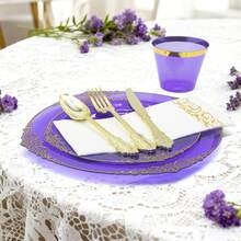 350PCS Purple Gold Plastic Plates For Party Dinnerware Sets For 50 Guests, Vintage Disposable Plastic Party Plates Cups Spoons Forks Knives Napkins For Wedding Birthday Christmas BBQ Parties - Màu tím - Xem 3