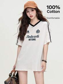 JUTU 100% Katun, Kaos Lengan Pendek Longgar Bergaris Leher V, Kasual untuk Pantai, Cocok untuk Musim Semi, Musim Panas, Musim Gugur - 634 Krem dan Hitam - KJ224 - View 1