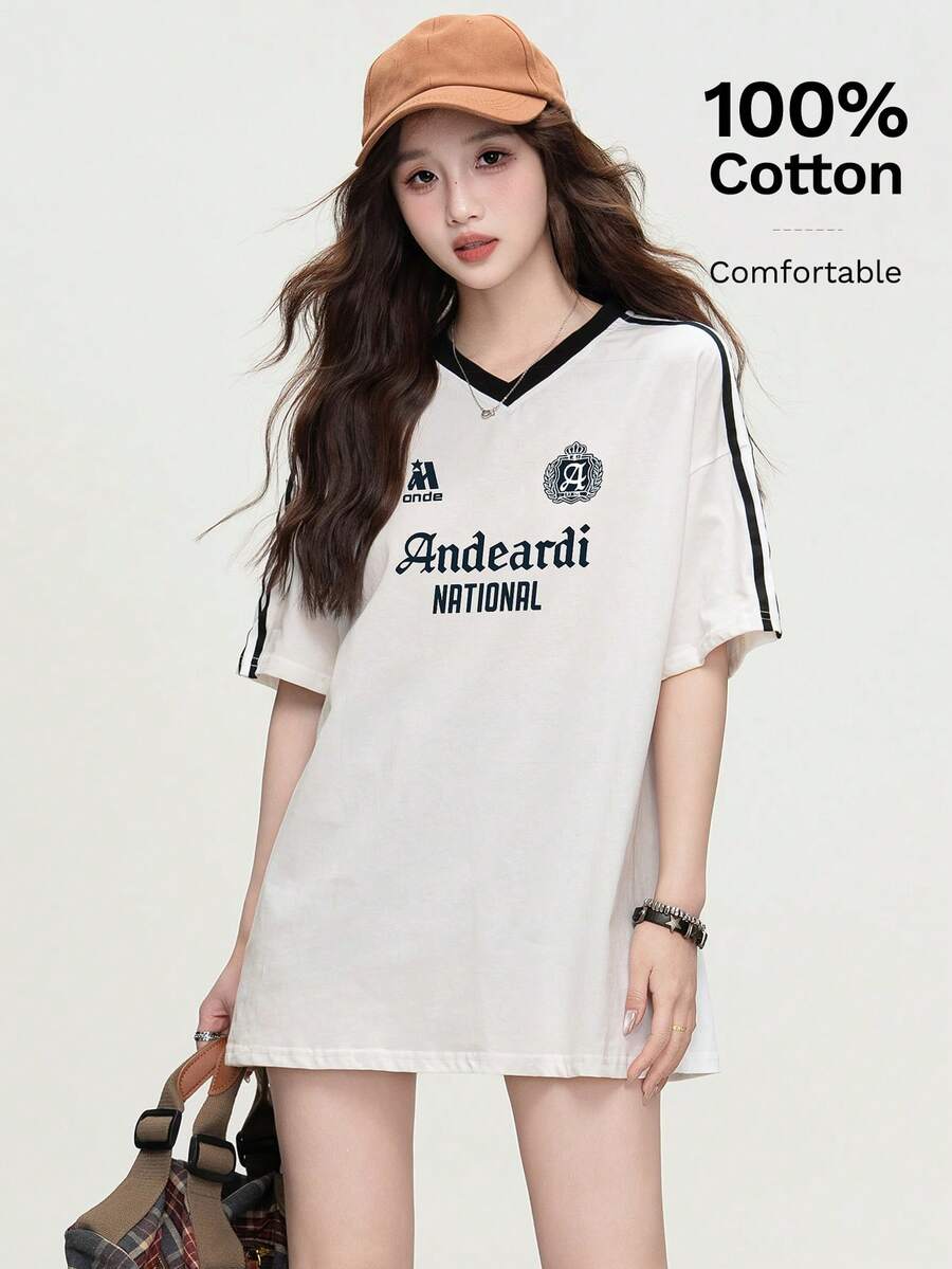 JUTU 100% Katun, Kaos Lengan Pendek Longgar Bergaris Leher V, Kasual untuk Pantai, Cocok untuk Musim Semi, Musim Panas, Musim Gugur - 634 Krem dan Hitam - KJ224 - View 1