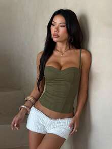 Elegant Versatile All-Match Camisole, Summer Slim Fit Women's Top, Army Green Spaghetti Strap Top, Suitable For Outings, Vacations, And Daily Wear - Army Green - View 4