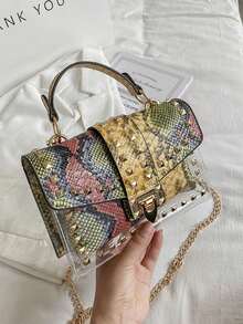 Fashion Graffiti Rivet Decor Handbag - Green - View 9