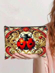 异想天开的民间艺术昆虫印花化妆包，瓢虫和螳螂主题便携式拉链袋 - 彩色 - 查看 7