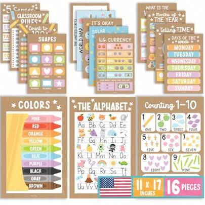 16 Educational Posters For Toddlers 1-3 - Laminated Toddler Learning Posters For Preschool And Kindergarten Alphabet Poster Numbers Colors Shapes Days Of The Week Poster For Kraft Classroom Decor
