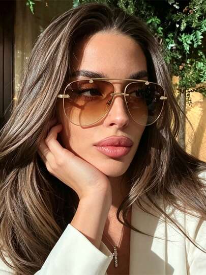 1 par de gafas de metal con doble puente, gafas de ojo de sapo, gafas personalizadas sin marco de moda, gafas elegantes y versátiles para uso casual, adecuadas para uso diario, fotografía callejera, vacaciones, accesorios de playa de verano, accesorios para mujer, atuendo de vuelta al colegio
