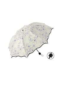 Paraguas plegable redondo clásico con varilla de hierro, apertura manual, de múltiples usos para exteriores, con placa de cubierta, fácil de limpiar, con protección UV y estampado de flores de hibisco - Paraguas plegable de tres pliegues con diseño de flor de hibisco - Ver 11